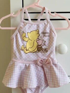 Disney Baby Classic Pooh and Piglet Pink Gingham Skirted One-Piece Swimsuit
